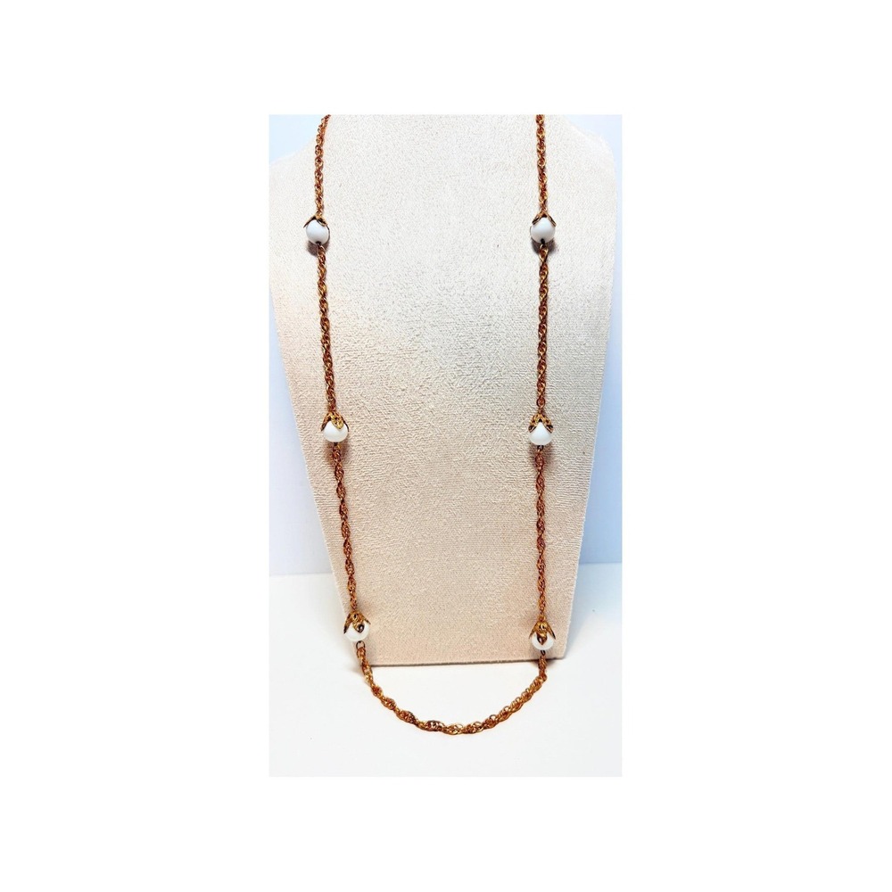Vintage Gold Tone Double Link Necklace White Glass Beads‎ 30" Long